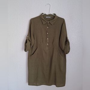 NWT ELENA BALDI LINEN Olive Long Sleeve Dress made Italy
